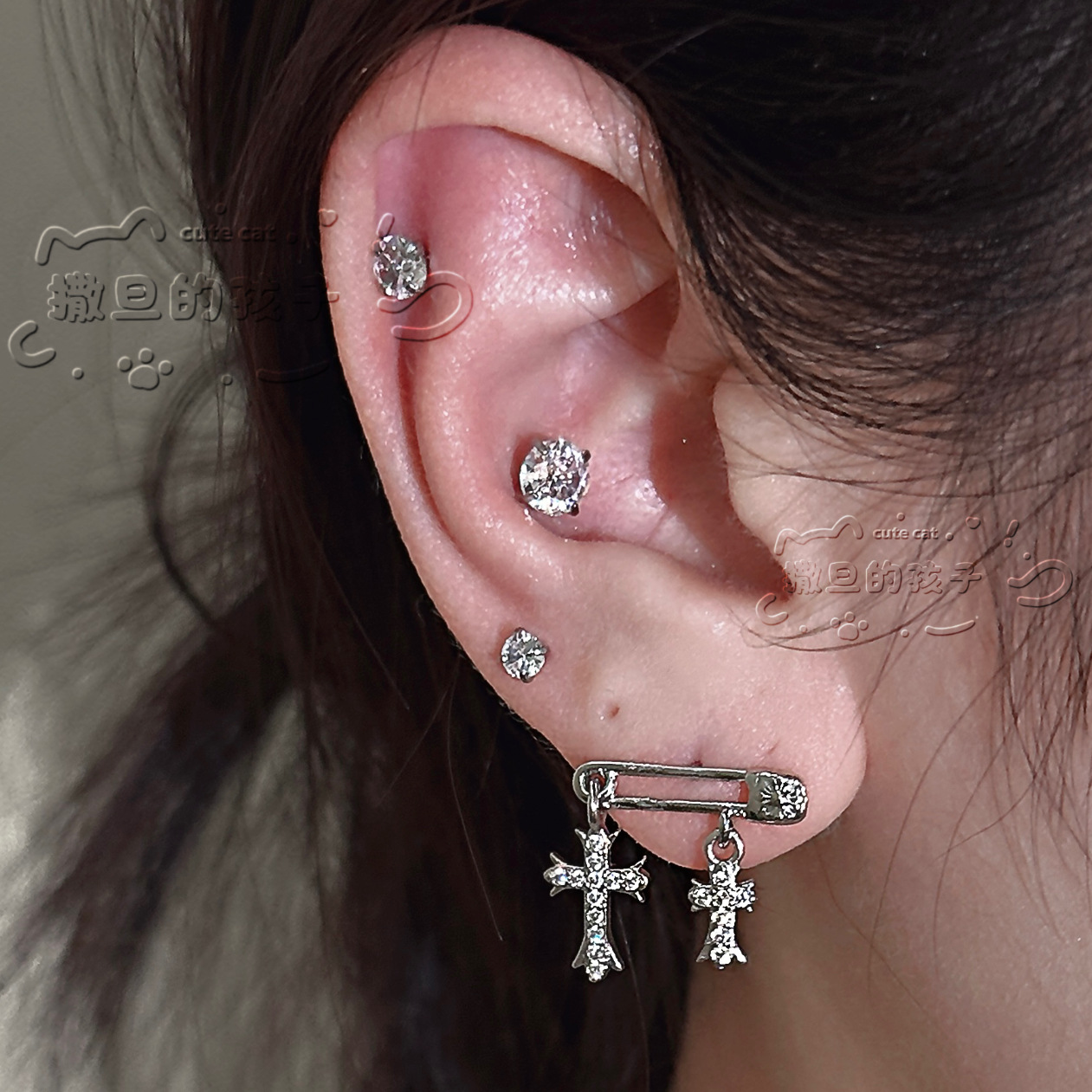 Cross Motif CZ Ear Stud 316L Surgical Steel Cartilage Piercing Jewelry - Image 2