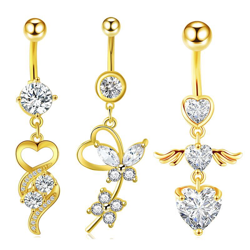 European American Style Golden Zircon Shambhala Rhinestone Belly Button Ring 3-Piece Set - Stainless Steel - Image 2