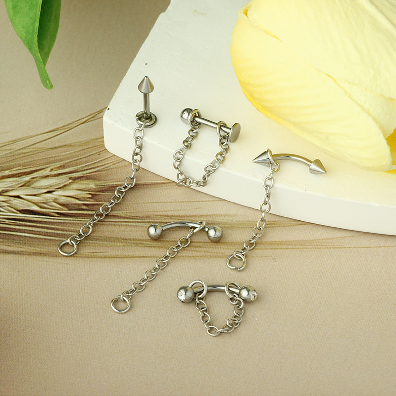 Stainless Steel Lip Stud with Chain Round Ball Pointed Cone Lip Ring Curved Bar Chain Eyebrow Nose Ear Bone Piercing Jewelry - Image 4