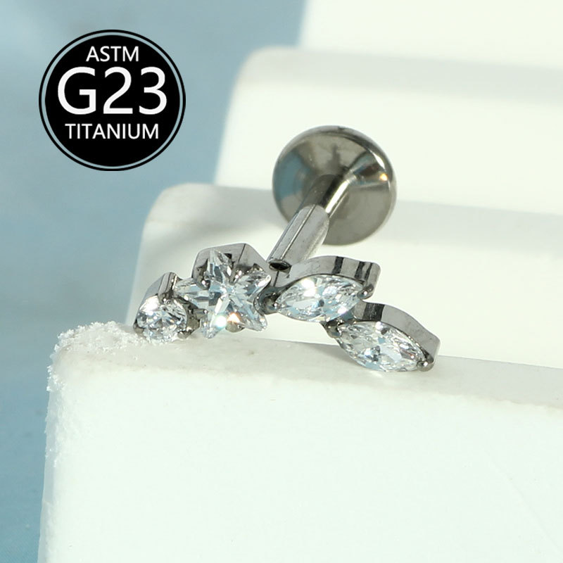 16G G23 Titanium Inlaid Zirconia Star Flat Bottom Internally Threaded Labret Ear Cartilage Lip Piercing Earrings - Image 5