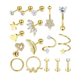 Zircon Star Cartilage Earrings Set - 17Pcs Rose Gold Stainless Steel Ear Piercing Jewelry