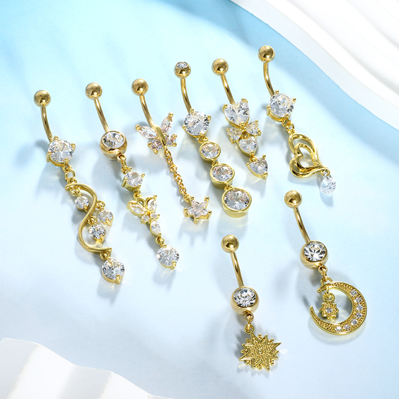 Stainless Steel Belly Button Ring Set - 8 Piece Butterfly Star Dangle Umbilical Jewelry Gold - Image 3