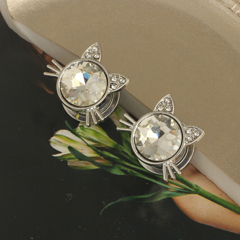 Cross-border Stainless Steel Cat Head Piercing Ear Hole Tool Punk Crystal Earrings - Image 4