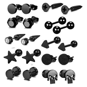 10 Pair Black Stud Round Barbell Earrings Set - Stainless Steel Men's Personality Piercing Studs