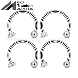 F136 Titanium Inner Thread Horseshoe Nose Ring with CZ Gem for Nose Lip Ear Body Piercing