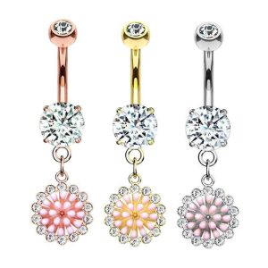 Rose Gold Stainless Steel Navel Ring Chrysanthemum Dangle Belly Button Piercing Jewelry for Men Women