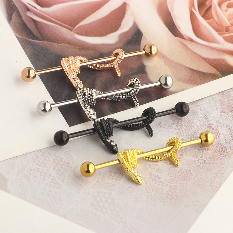 14G Snake Industrial Barbell Earrings Star Rose Gold with CZ Double Ear Hole Bridge Earring Piercing Jewelry 38mm - Image 3