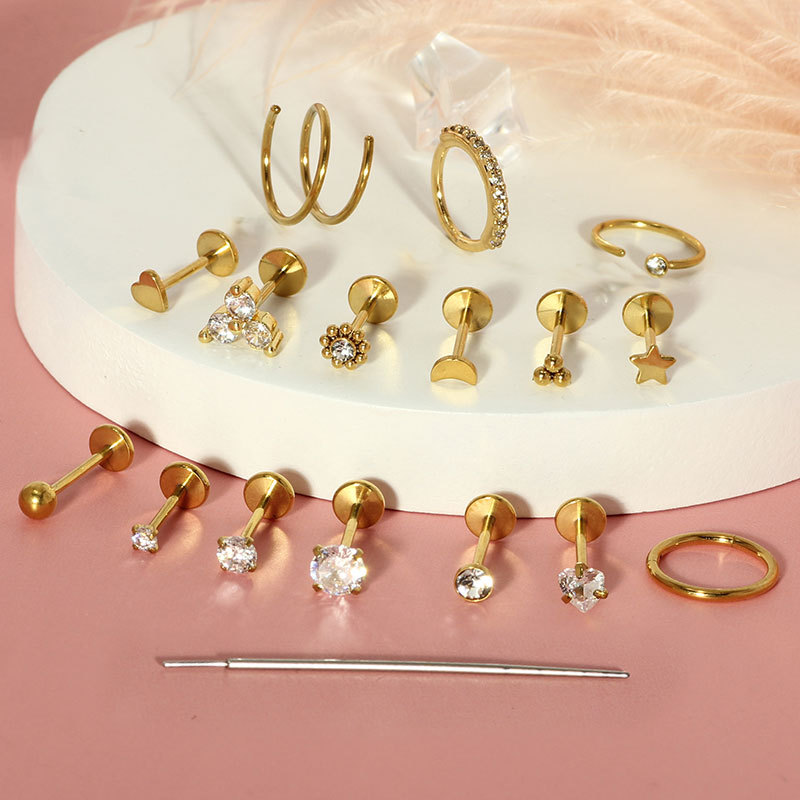 Stainless Steel Flat-Bottom Lip Nose Nail Set with Zircon Heart Design - 17 Pieces Piercing Jewelry - Image 4