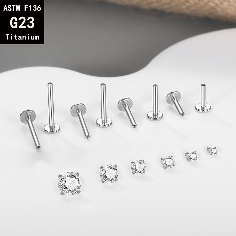 G23 Titanium Four-Claw Inlaid Zircon Inner Tooth Lip Nail Internal Thread Ear Stud, 1.2mm x 14mm, 8mm Top - Image 4