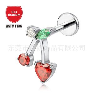 G23 Titanium Cherry Love Zircon Earrings Lip Labret Stud Body Piercing Jewelry
