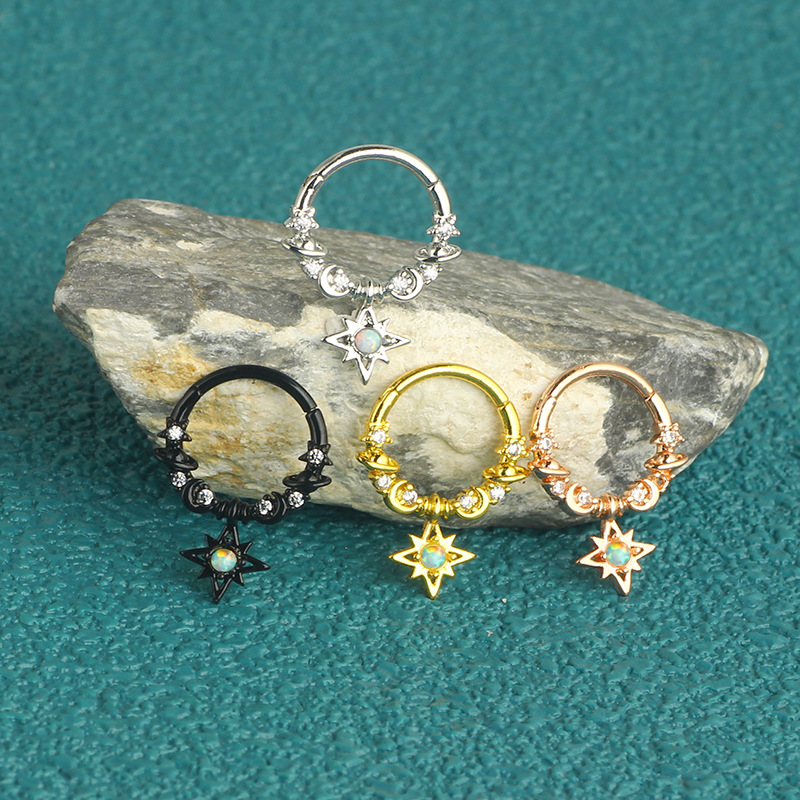 Stainless Steel Star Nose Ring Set with Zircon Opal - Rose Gold Single, 1.2x10mm, European American Style Nose Stud Piercing Jewelry - Image 2
