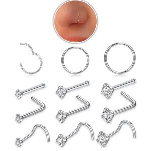 12-Piece Diamond Nose Ring Set Stainless Steel Nose Stud Hoop Combo Piercing Jewelry 18K Gold Plated