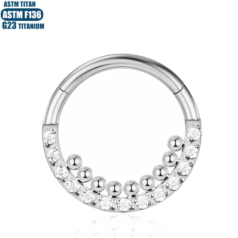 F136 Titanium Alloy Nose Ring Earrings with Zircon Inlaid Beads, Hinged Piercing Nose Ring, Septum Ring with Diamonds - Image 2