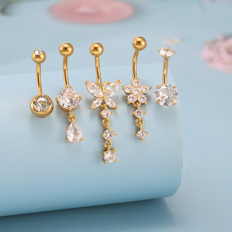 5-Piece Stainless Steel and Copper Belly Ring Set with CZ Water Drop Navel Jewelry - Image 2