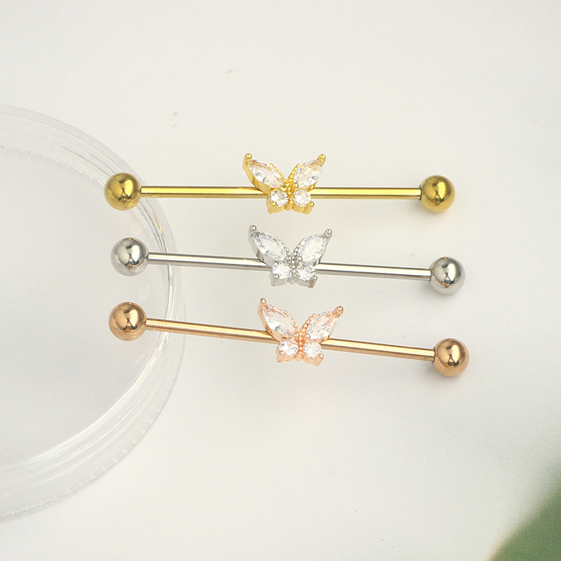 14G External Thread Industrial Barbell Butterfly Zircon Ear Bridge Double Ear Piercing Stud Earrings - Image 2