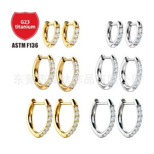 G23 Titanium Round Wire Earrings with Zircon - Gold & White - 16G 6mm Cartilage Stud