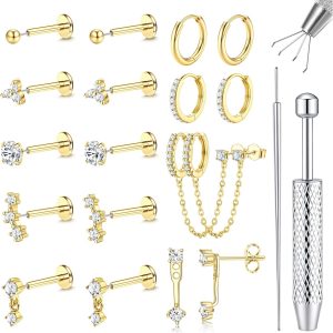 20 Piece Stainless Steel Lip Studs and Ear Cartilage Hoops Set, 20G Real Gold Plated Zircon Earrings