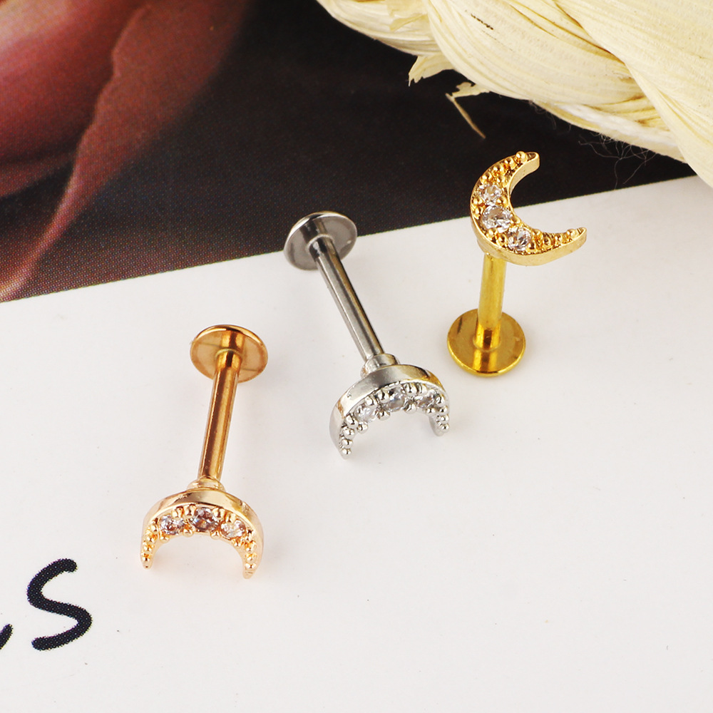 Zircon Stainless Steel Women's Ear Bone Nail Screw Earrings Piercing Jewelry Moon Lip Ring - Image 2