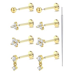 9-Piece Stainless Steel Lip Nail Earrings Set Insert Rod 6/7/8mm CZ Zircon Tongue Piercing Jewelry