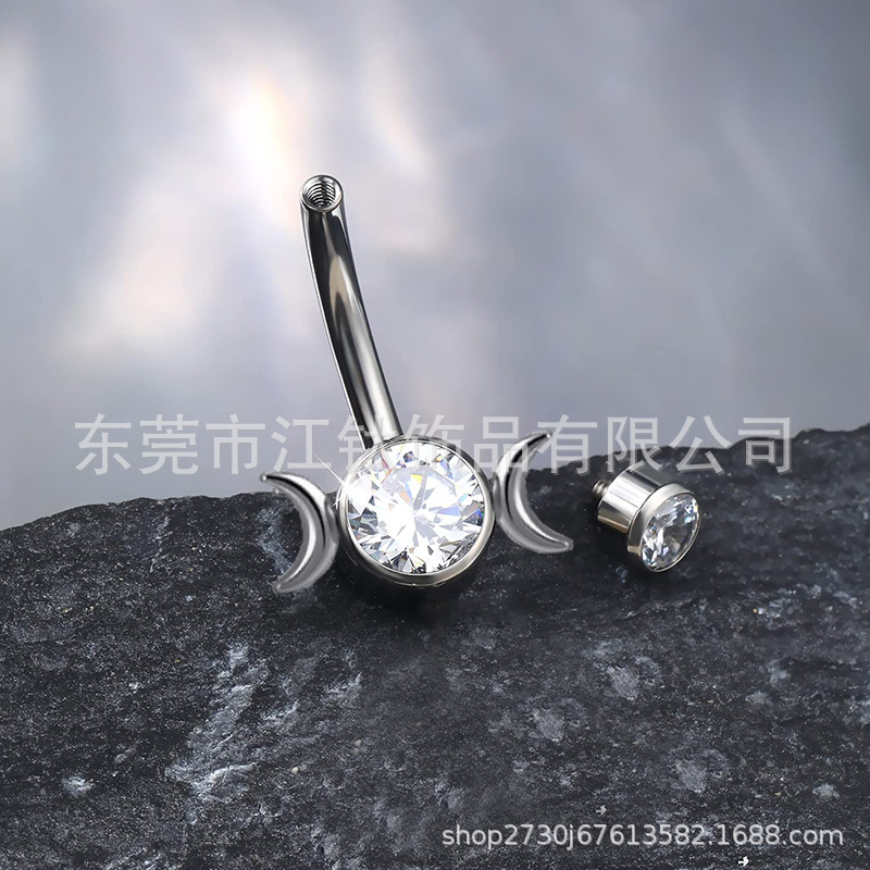 G23 Titanium Moon Belly Button Ring June Bright CZ Navel Piercing Jewelry Gold - Image 3