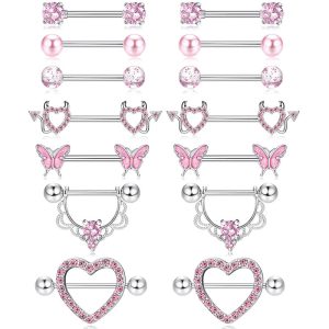 Stainless Steel Pink Series Zircon Breast Ring Love Moon Breast Nail Body Piercing Jewelry Wholesale