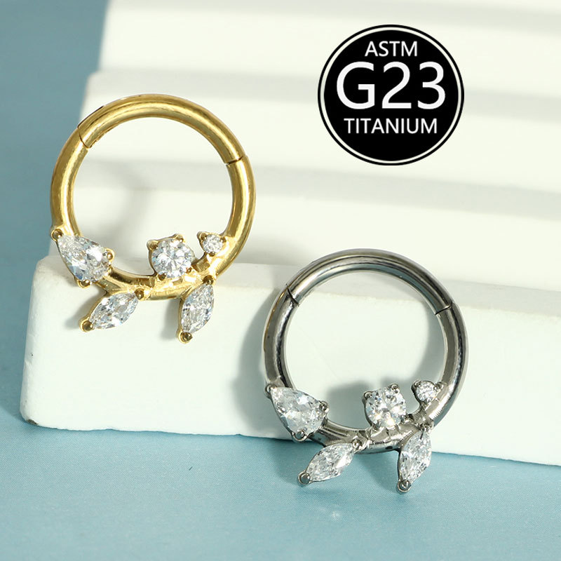 G23 Titanium ASTM F136 Zircon Leaf Shape Nose Ring Septum Hoop Ear Bone Piercing Jewelry - Image 5