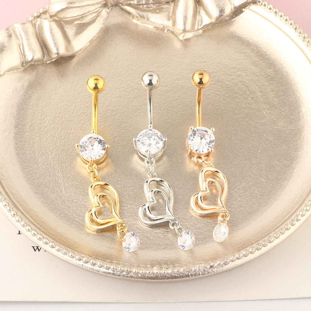 Long Double-Heart Stainless Steel Belly Button Ring with Heart-Shaped Zircon, European American Fashion Body Piercing - Image 4
