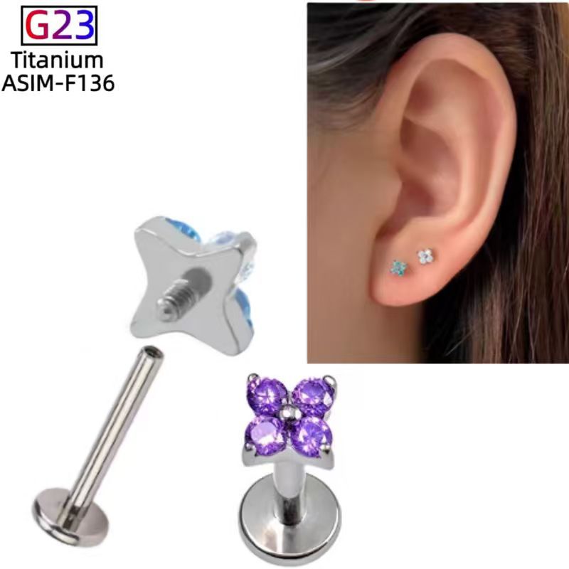F136 Titanium Four-Leaf Clover Earrings - Finely Carved Flower Earrings, G23 Titanium Alloy Piercing Jewelry for Cartilage Lip Nails Cochlear Nails - Image 2