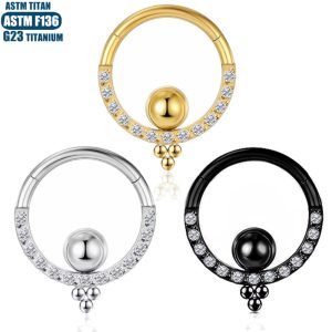 G23 Titanium Nose Ring 5A Zircon Bead Hinge Septum Clicker Ear Cartilage Hoop Body Jewelry