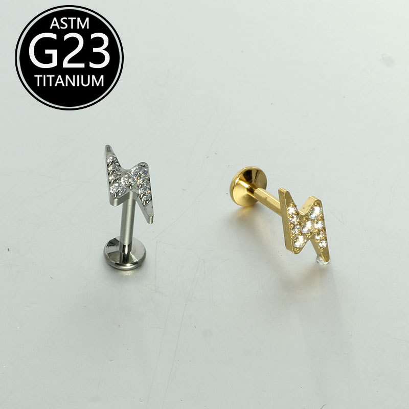 F136 Titanium Labret Stud with Lightning-Shaped CZ Inlay 6-10mm G23 Titanium Alloy Body Piercing Ear Cartilage Stud - Image 3