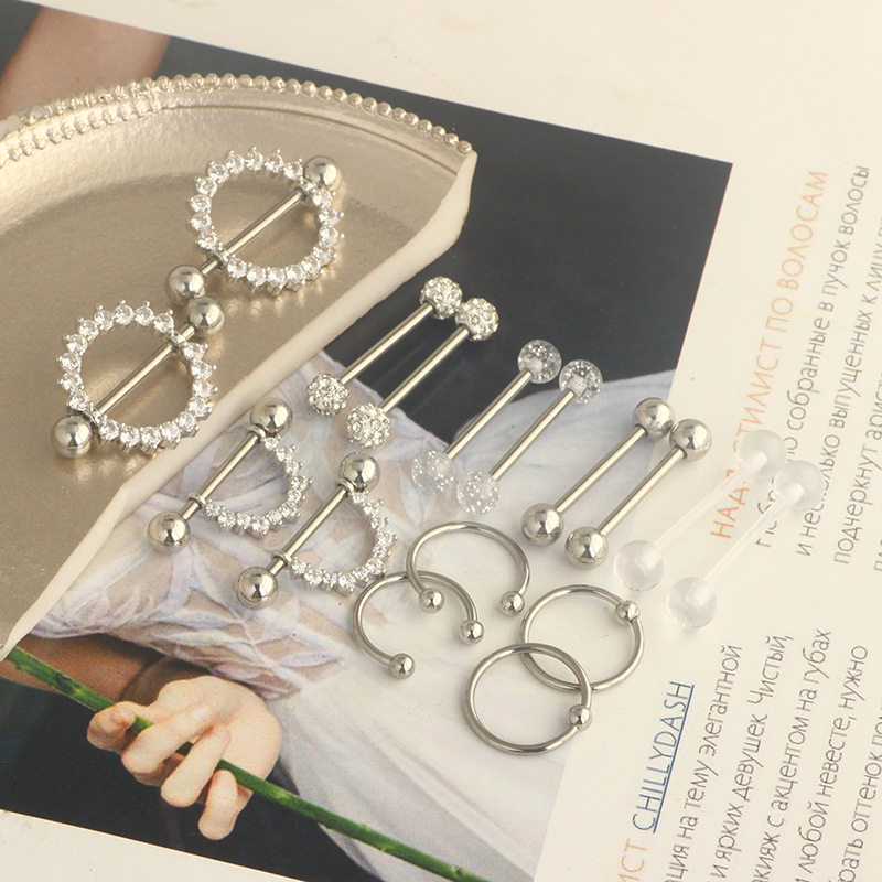 Stainless Steel Zircon Nipple Ring Set with Tongue Nail and Navel Jewelry - Hot Sale - Image 4