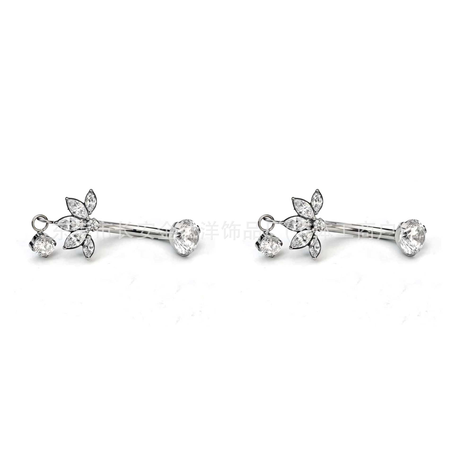 F136 Titanium Five-Leaf Flower Water Drop Zircon Pendant Curved Barbell Belly Button Ring - Image 3