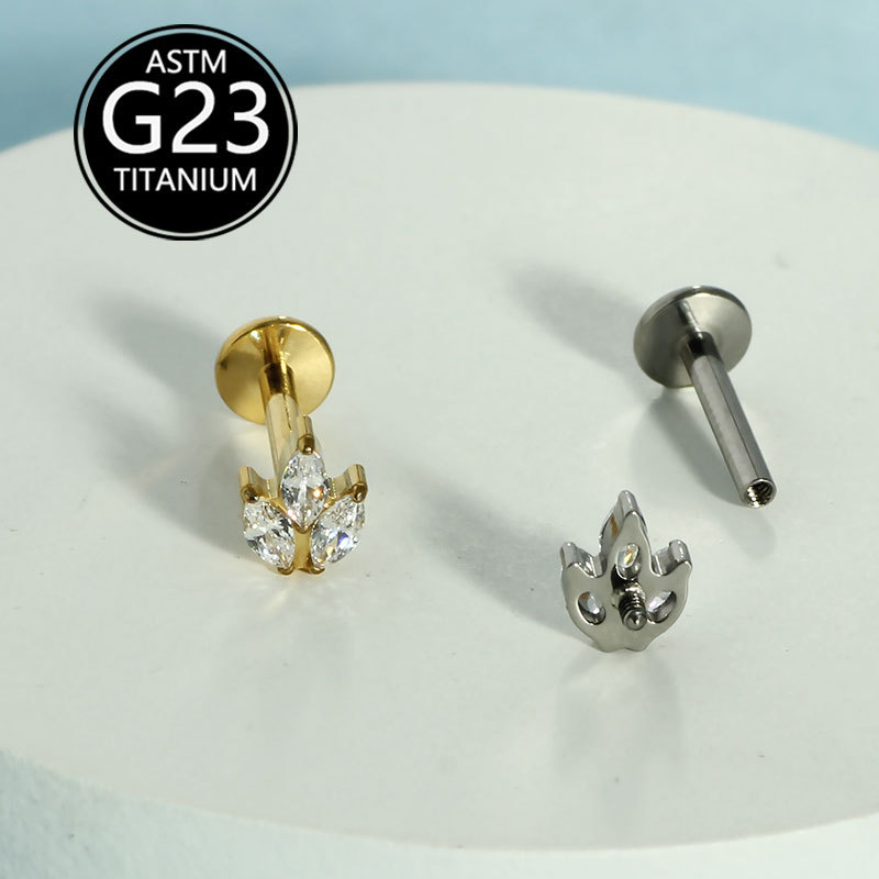 F136 Titanium Alloy Marquise Zirconia Internally Threaded Ear Studs, Cartilage Studs, G23 Titanium Lip Studs, Nose Studs - Piercing Jewelry in Stock - Image 4