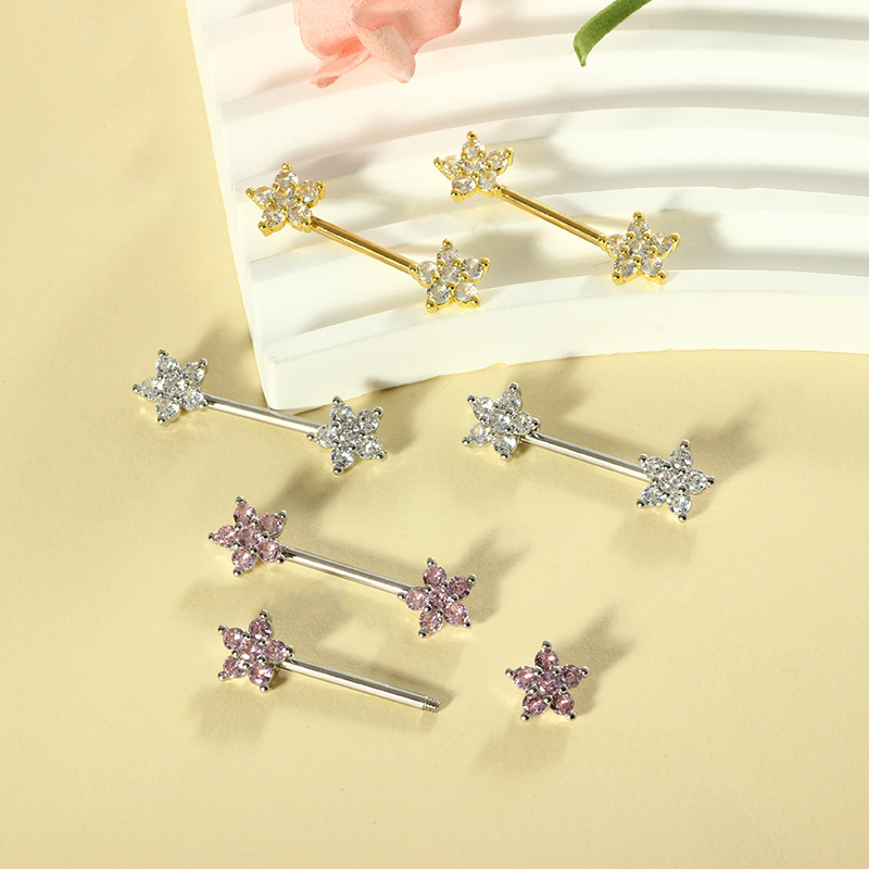 14G Micro-Inlaid Zircon Peach Heart Nipple Ring Stainless Steel Flower Nipple Piercing Jewelry for Women Sold in Pairs - Image 3