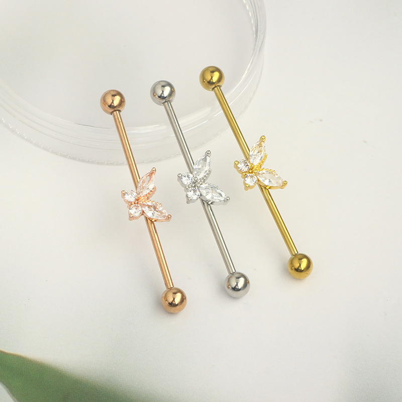 14G External Thread Industrial Barbell Butterfly Zircon Ear Bridge Double Ear Piercing Stud Earrings - Image 4