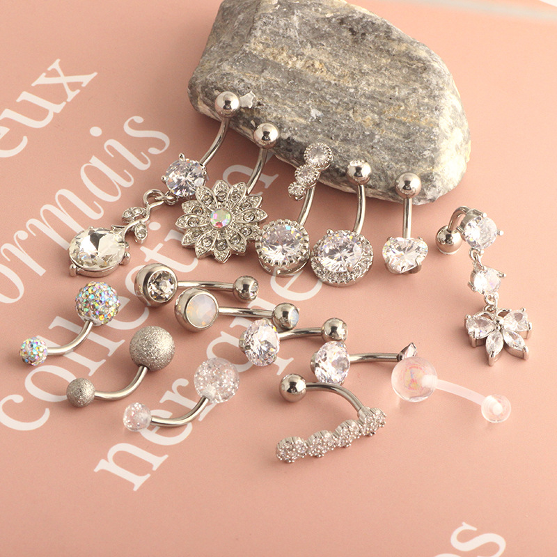 Cross-border Hot New Zircon Navel Ring Stainless Steel Double-Headed Heart-Shaped Diamond-Embedded Belly Button Piercing Jewelry 15 Pieces - Image 2