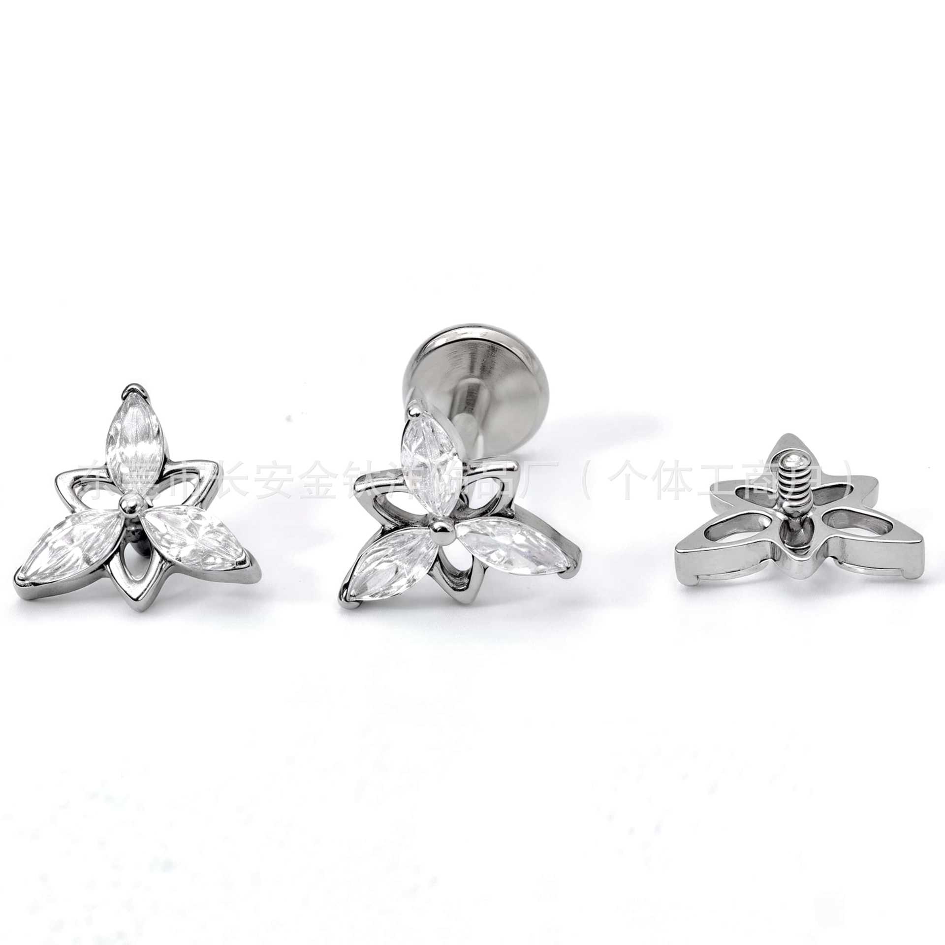 F136 Titanium Five-Pointed Star Three-Horse Eye Zircon Earrings Ear Bone Nails Cochlear Nails G23 Titanium Alloy Body Piercing Jewelry - Image 3