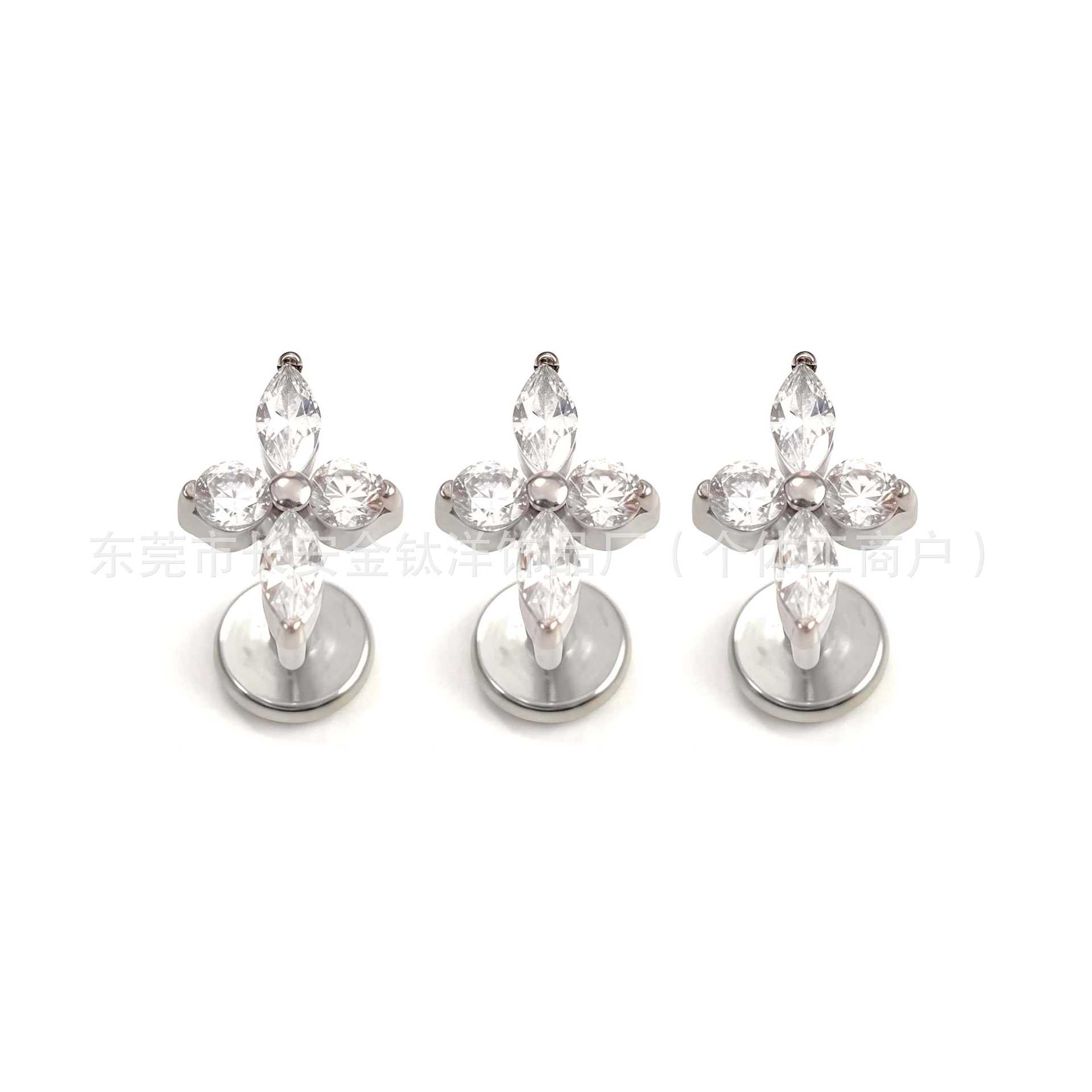 F136 Titanium Cross Four-Leaf Clover 5A Zircon Earrings Labret Studs G23 Titanium Piercing Jewelry - Image 3