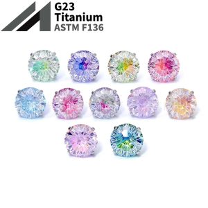 F136 Titanium Four-Claw Gradient Color Fireworks Cut Zircon Earrings Ear Bone Nails G23 Titanium Alloy Body Piercing Jewelry