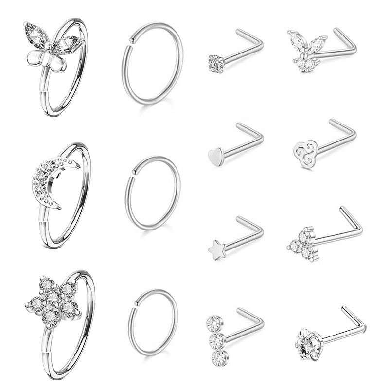 14G Heart Nose Ring Stainless Steel Nose Stud Piercing Jewelry Set of 14 - Silver Zircon - Image 5