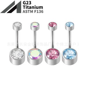 F136 Titanium Internal Thread Cylindrical Navel Ring with 5A Zircon G23 Titanium Body Piercing