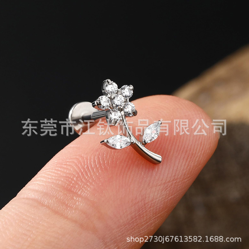 G23 Titanium Flower Earring with CZ for Cartilage Piercing - Helix Tragus Ear Bone Stud - Image 2