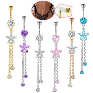 Plum Blossom Star Belly Button Ring CZ Copper Inlaid Piercing Rose Gold Body Jewelry