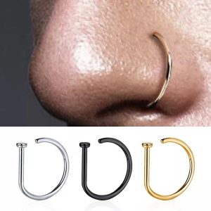 F136 Titanium D-Shaped Nose Ring Fake Nose Hoop No Piercing Required Hip Hop Men Women Body Jewelry