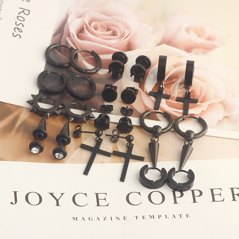 12 Pair Black Stainless Steel Cross Dumbbell Earrings Set - Cartilage Hoops for Men Women - Image 4