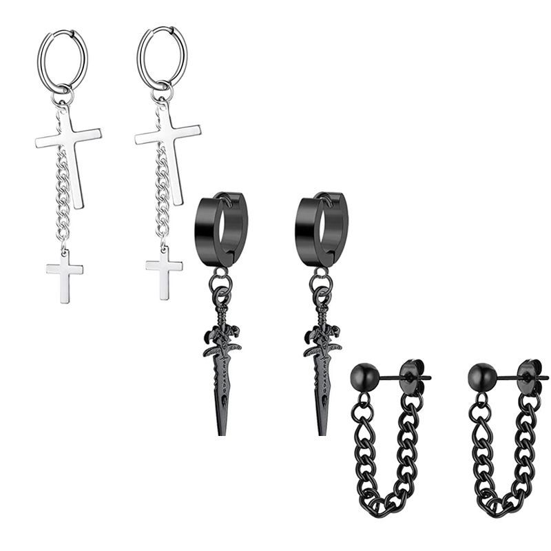 Black Men's Ear Clip Ear Stud Earrings Set 3 Pair Stainless Steel Fashion Jewelry - Image 3