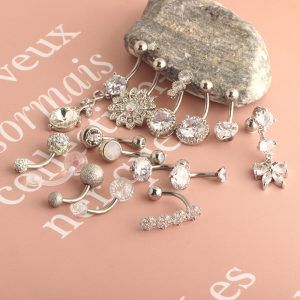Cross-border Hot New Zircon Navel Ring Stainless Steel Double-Headed Heart-Shaped Diamond-Embedded Belly Button Piercing Jewelry 15 Pieces