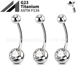 F136 Titanium External Thread Double-Ended Curved Rod Zircon Navel Piercing Ring - G23 Titanium Alloy Body Jewelry