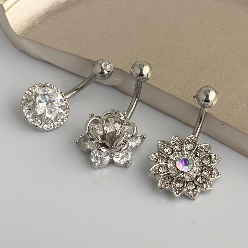 Nine Gems Stainless Steel Belly Button Ring Set - 3 Pieces Navel Piercing Jewelry Rose Gold Sunflower - Image 2