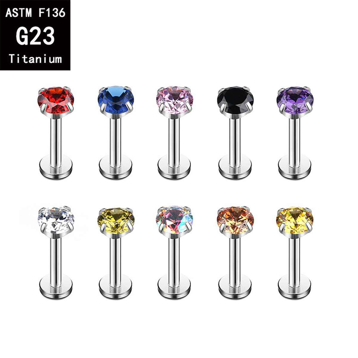G23 Titanium Four-Prong Set Colorful 5A Round Zircon Internal Thread Earrings Flat Back Labret Stud Ear Bone Nail F136 Titanium Alloy Lip Nail Jewelry - Image 2
